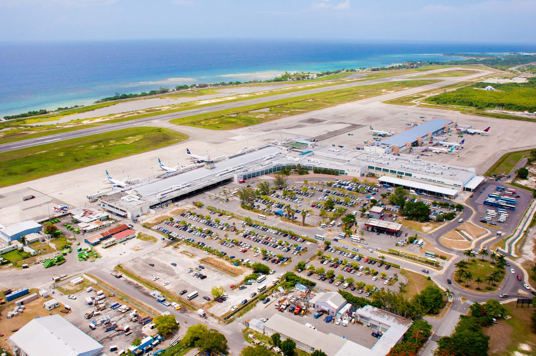 An aerial shot of the Montego Bay airport in Jamaica.