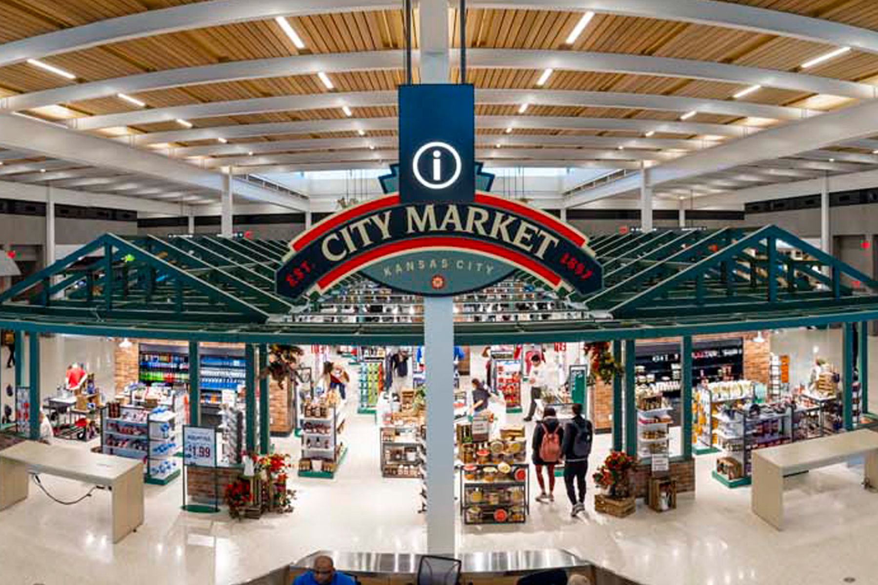 An overhead view of the City Market retail section of Kansas City Airport.