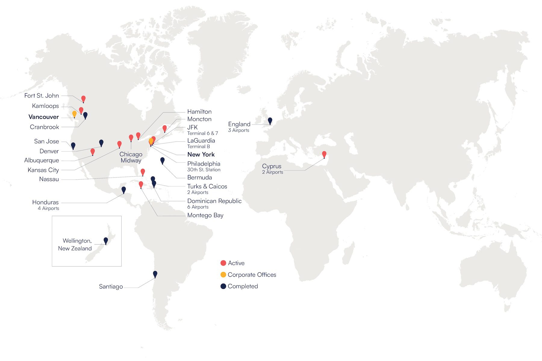 World map showing locations of airports, corporate offices, and completed operations. Red represents active locations, blue indicates corporate offices, and black signifies completed sites.