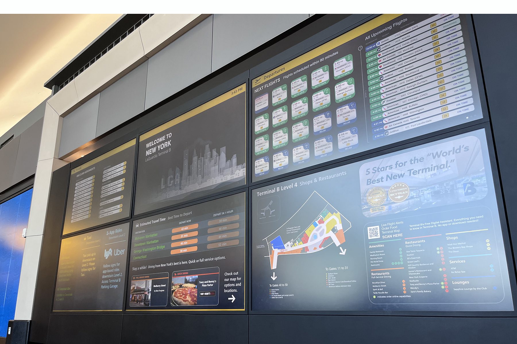 Airport information screens display flight details, maps, and services, including terminal maps, transportation options, and ratings.