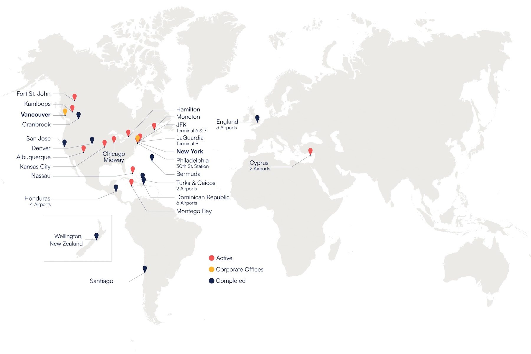 World map showing active locations, corporate offices, and completed sites with markers. Locations include North America, Europe, and the Caribbean.