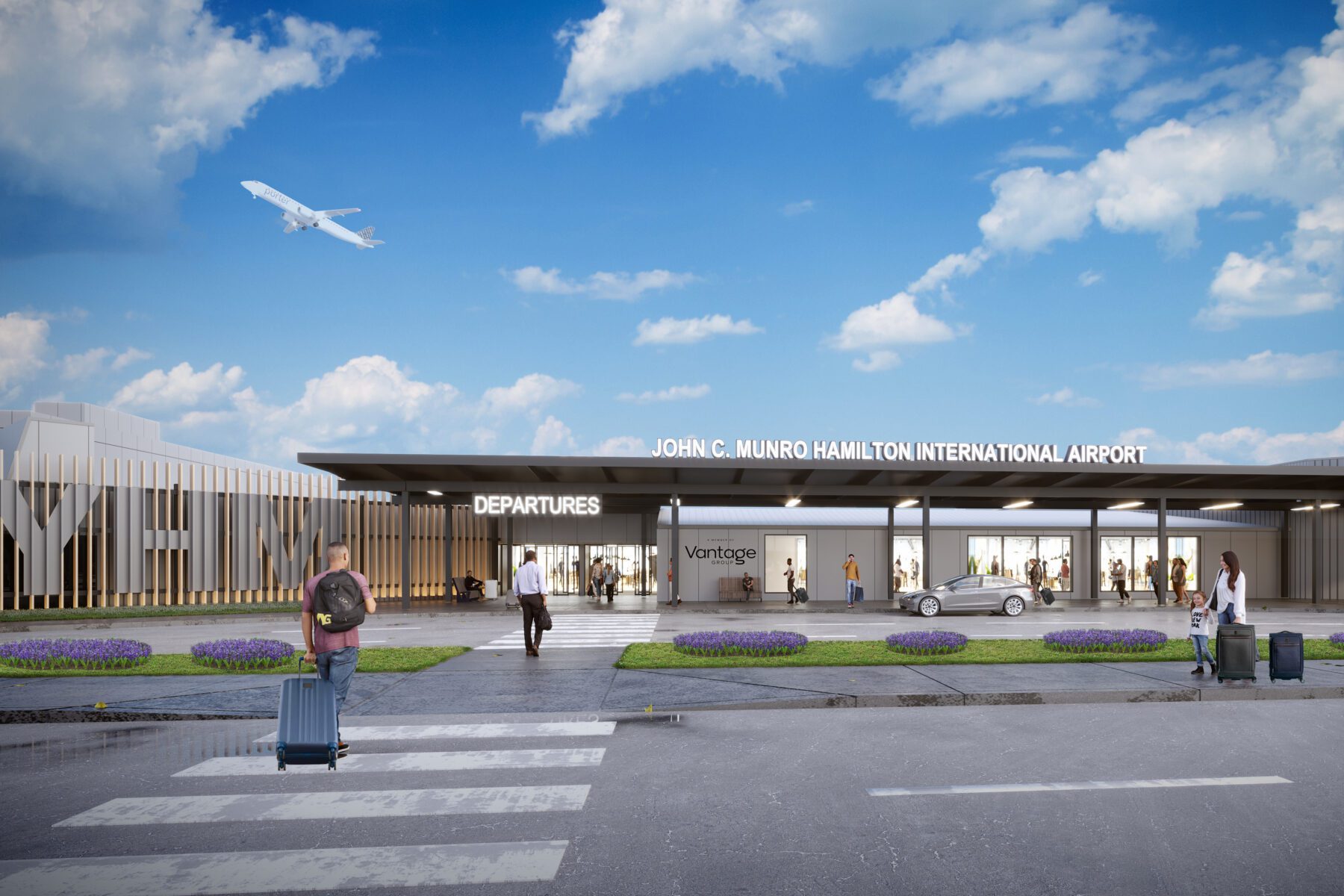 Illustration of John C. Munro Hamilton International Airport, showing the departures area with people, luggage, cars, and an airplane flying overhead.