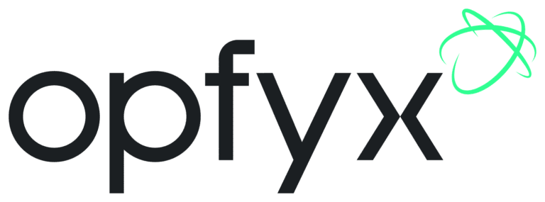 The image shows the word "opfyx" in black lowercase letters with a green abstract swoosh design above the letter "x.